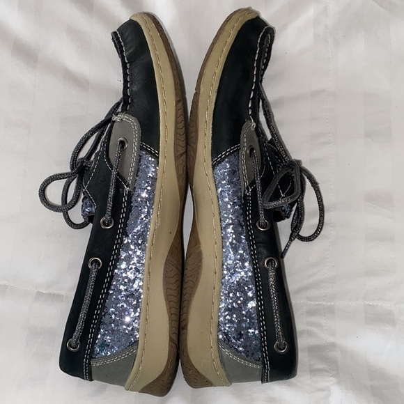 Highland Creek Black Silver Glitter Shimmer Leather Boat Shoes Topsiders New - Picture 10 of 17